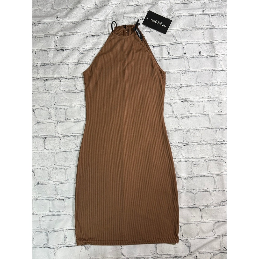 PrettyLittleThing Halter Mini Dress Size 2 Brown Ribbed Bodycon Neutral Summer